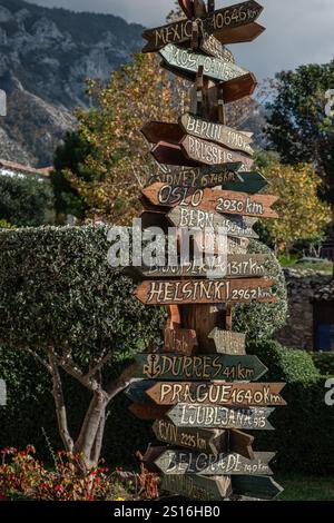 Signage on a wooden post to world wide destinations on the street. Sign with distances and directions to destination countries and cities from current Stock Photo
