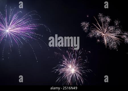A stunning array of vibrant and colorful fireworks spectacularly lighting up the dark night sky, ideal for celebrations Stock Photo