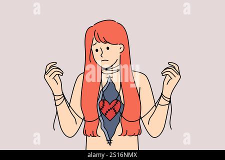 Unhappy love and problematic relationships upset woman with traumatized heart and tied hands. Unhappy love in sad girl in need of long-term psychological therapy to restore mental health Stock Vector