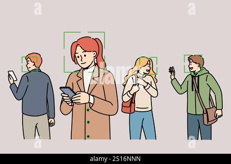 Big brother monitors people and identifies individuals using cameras and biometric facial recognition. Problem of big brother in modern metropolis, and introduction of cctv systems equipped with ai Stock Vector