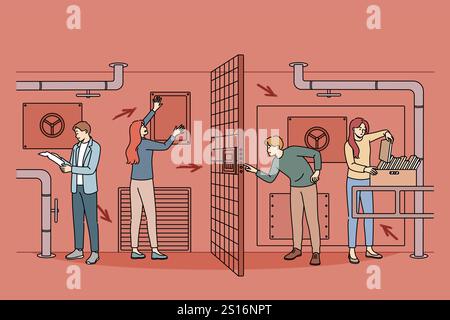 Visitors to quest room are looking for cache with key to open door or clue that will allow them to move on. Interior of quest room inside basement with people focused on solving team puzzle Stock Vector