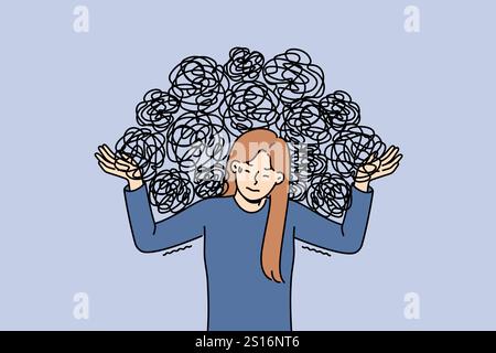 Woman feels mental pressure due to burden of chaotic thoughts caused by psychological trauma from past. Problems of mental pressure causing disorder and lack of desire to solve difficulties Stock Vector