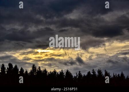 Chambles, France - October 5th 2024 : Beautiful cloudscape at sunset, with a shadow fir trees forest. Stock Photo