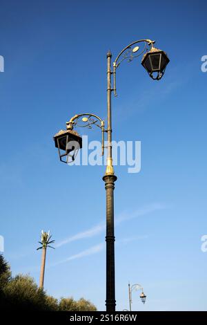 old ornate style street lighting upgraded to led downtown marrakesh, morocco Stock Photo