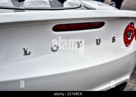 Roche-la-Molière, France - July 2nd 2023 : Car show. Focus on a white Lotus Exige, probably of 2004. View of the rear. Stock Photo