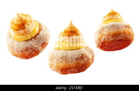 Scone donuts with strawberry jelly and meringue and vanilla custard on a white background. Stock Photo