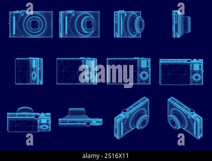 Series of blue images of cameras, each one showing a different angle of the camera. The images are all stylized and pixelated, giving them a futuristi Stock Vector