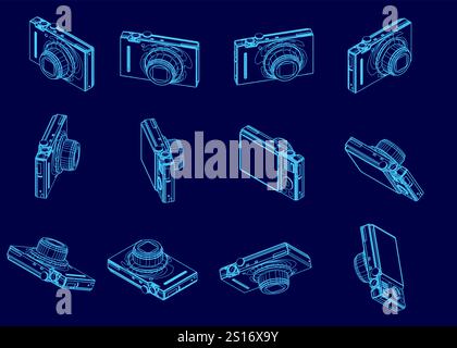 Series of blue images of a camera. The camera is shown in various positions and angles, with the top of the camera being the most prominent. The image Stock Vector