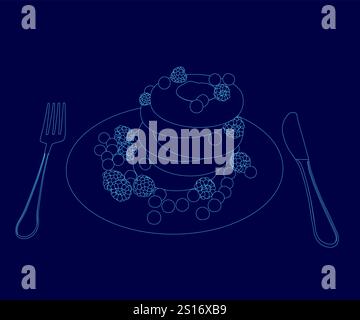 Blue drawing of a plate of food with a fork and knife on it. The plate has a stack of pancakes with berries on top Stock Vector