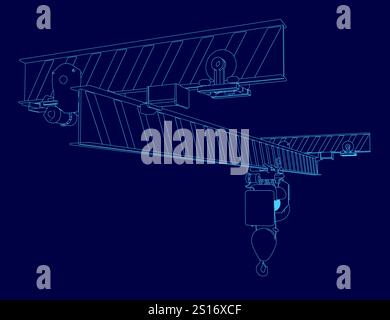 Blue drawing of a crane. The crane is shown in a blue color scheme Stock Vector