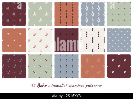 15 seamless patterns set in Boho style. Stock Vector