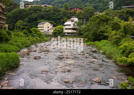 The Haya River flows through the town of Hakone, Japan which is a ...