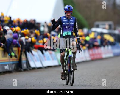 Baal, Belgium. 01st Jan, 2025. Dutch Pim Ronhaar crosses the finish line as second at the men's elite race of the 'GP Sven Nys' cyclocross cycling event on Wednesday 01 January 2025 in Baal, stage 5/8 in the X2O Badkamers 'Trofee Veldrijden' competition. BELGA PHOTO DAVID PINTENS Credit: Belga News Agency/Alamy Live News Stock Photo