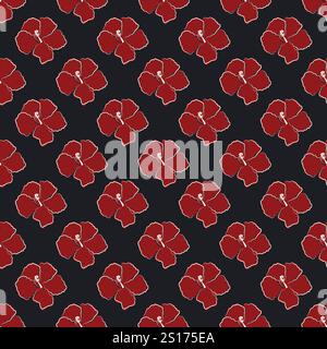 A seamless vector pattern Aloha hibiscus tropical flowers, Hawaiian tropical, Red petals, leaves in white lines on an isolated dark background Stock Vector