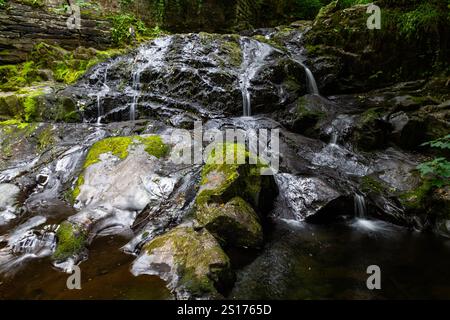Main part of the The Fairy Falls, called Rhaeadr y Tylwyth Teg in Welsh. Waterfall in Trefriw Conwy County, North Wales, UK, low water because if summ Stock Photo