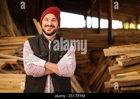 Portrait of young carpenter smiling at sawmill Stock Photo