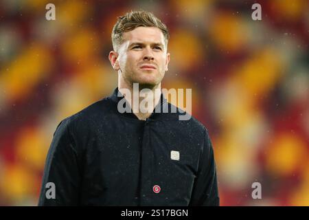 Nathan Collins of Brentford arrives at the stadium prior to kick off ...