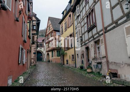 Small narrow cobblestone alleyway in Kaysersberg France on a rainy day, some half timbered homes decorated for Christmas Stock Photo