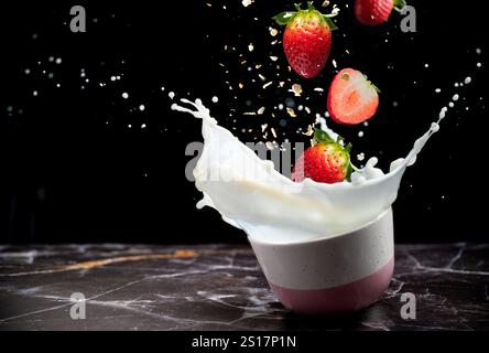 Milk Splash from strawbwrry fall in the bowl on a black background. Dairy concept. No-dairy vegan plant milk splashes in bowl. Copy space. Stock Photo