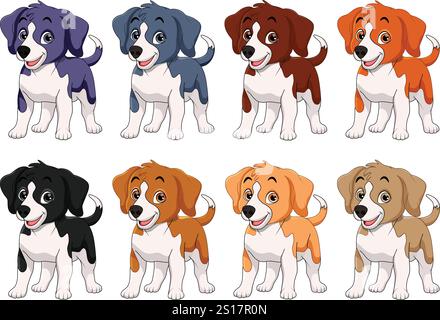 Cute Cartoon Puppies, Cartoon puppies, Cute dogs, Puppy illustration, Dog drawing, Cartoon animals, Happy puppies, Colorful dogs, Puppy vector. Stock Vector
