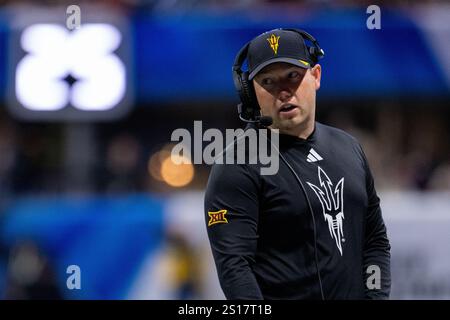 Atlanta, GA, USA. 1st Jan, 2025. Arizona State head coach Kenny Dillingham during the first half against the Texas in the CFP Quarterfinal at Mercedes-Benz Stadium in Atlanta, GA. (Scott Kinser/CSM). Credit: csm/Alamy Live News Stock Photo