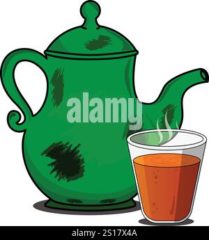 Vector illustration of tea kettle and clay cups. Indian traditional tea cup and kettle with hot tea hand drawing Vector. Indian kettle, pakistan tea k Stock Vector