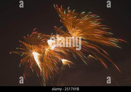 Colourful fireworks explode with colourful trails of light in the night sky, Lower Saxony, Germany, Europe Stock Photo