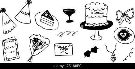 Hand-Drawn Birthday Illustration Set | Minimalist Doodle Vector for Celebration and Party Designs Stock Vector