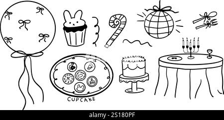 Hand-Drawn Birthday Illustration Set | Minimalist Doodle Vector for Celebration and Party Designs Stock Vector