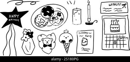 Hand-Drawn Birthday Illustration Set | Minimalist Doodle Vector for Celebration and Party Designs Stock Vector