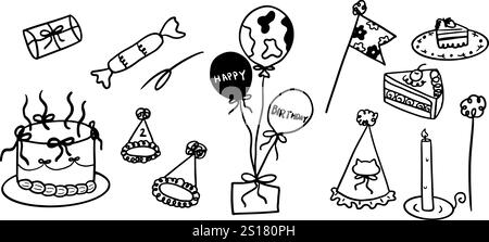 Hand-Drawn Birthday Illustration Set | Minimalist Doodle Vector for Celebration and Party Designs Stock Vector