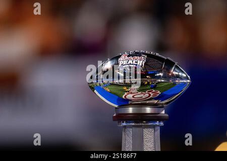 Atlanta, GA, USA. 1st Jan, 2025. Chick-fil-a Peach Bowl trophy after Texas defeats Arizona State in the CFP Quarterfinal at Mercedes-Benz Stadium in Atlanta, GA. (Scott Kinser/CSM). Credit: csm/Alamy Live News Stock Photo