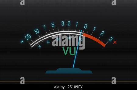 Front view VU meter volume unit or level meter. Front view VU meter volume unit or level meter. Sound mixer, recording studio, music, frequency, decibel, noise. img technology035s11 mixer equalizer sound Stock Photo