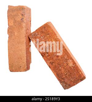 Side view of two old red or orange bricks is isolated on white background with clipping path. Stock Photo