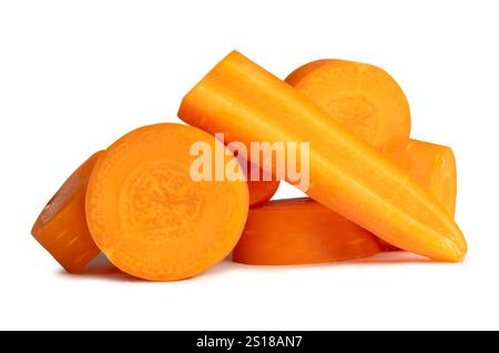Side view of orange carrot slices or pieces in stack is isolated on white background with clipping path. Stock Photo