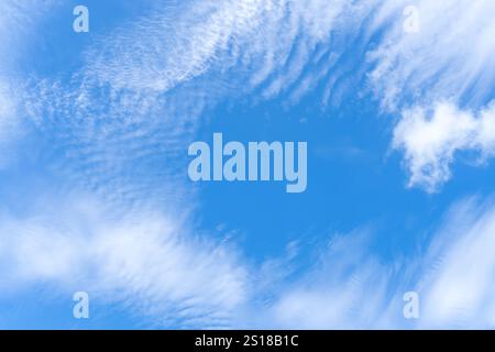 Low angle view of beautiful blue sky with strange shape of fluffy white clouds in the morning or evening in sunny day is used as natural background Stock Photo