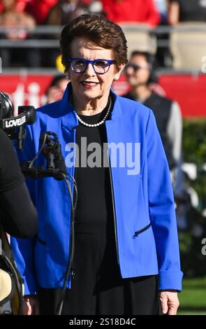 Pasadena, United States. 01st Jan, 2025. Rose Bowl Parade Grand Marshal and women's tennis great Billie Jean King arrives at Rose Bowl Stadium for the College Football Playoffs quarterfinal game between the Ohio State Buckeyes and the Oregon Ducks in Pasadena, California, on Wednesday, January 1, 2025. Photo by Jon SooHoo/UPI Credit: UPI/Alamy Live News Stock Photo