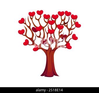 Cartoon valentine day tree with heart shaped red leaves symbolizes love, growth and connection with nature, romance and nurturing relationships. Vector whimsical love tree, symbol of wedding and life Stock Vector