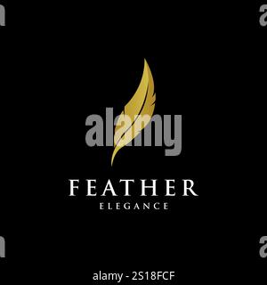 gold logo with feathers for writers or publishers. Template on a black background. Vector illustration Stock Vector