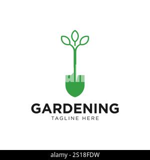 Gardening logo with shovel icon and tree with green leaves logo template. Stock Vector