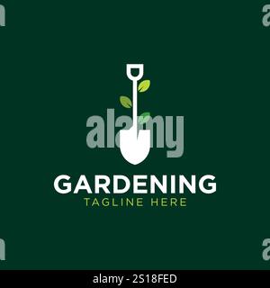 Gardening logo with shovel icon and tree with green leaves logo template. Stock Vector