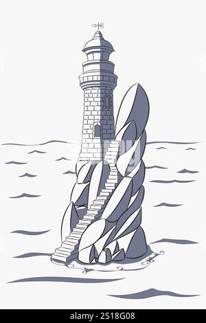 Vector drawing of a stone lighthouse on a high cliff in the sea. Stock Vector