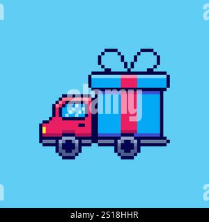 Pixel art Delivery Truck with Gift Box game asset design Stock Vector