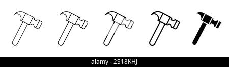 Set 5 hammer icons 1 unexpanded vector 1 silhouette, Hammer icon, black minimalist silhouette isolated on a white background, simple design for websit Stock Vector
