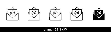 Set 5 email icons 1 unexpanded vector 1 silhouette, email icon open envelope pictogram isolated grey background line mail symbol website design mobile Stock Vector
