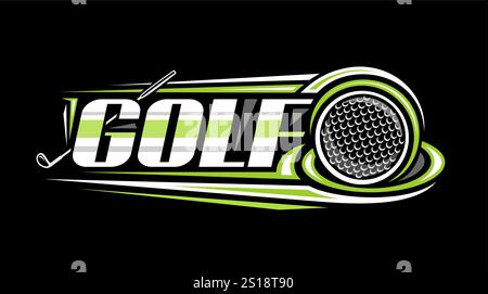 Vector logo for Golf Sport, decorative horizontal placard with outline illustration of hitting golf ball, flying on trajectory in goal on dark backgro Stock Vector