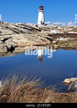 Peggy's Point Lighthouse and its reflection at Peggy's Cove, Nova Scotia, Canada Stock Photo