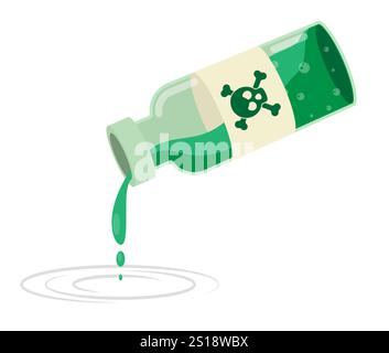 Drop of poison dripping from glass test tube in water. Hazardous substance bottle. Making dangerous witch potion. Cartoon vector isolated on white bac Stock Vector