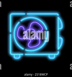 Glowing Air conditioner unit with fan. Room cooling and heating. Maintaining comfortable temperature. Night advertising sign element. Glowing neon ico Stock Vector