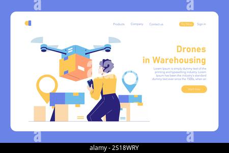 Warehouse automation concept. Drone carrying a package with an operator monitoring, revolutionizing inventory management. Vector illustration. Stock Vector